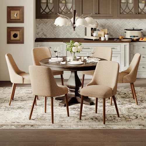 Image of MALOL Dining Room Chair Set of 6, Upholstered Kitchen Chairs with Wood Legs, High-Back Padded Dining Chairs for Dining Room /Restaurant /Cafe, Camel