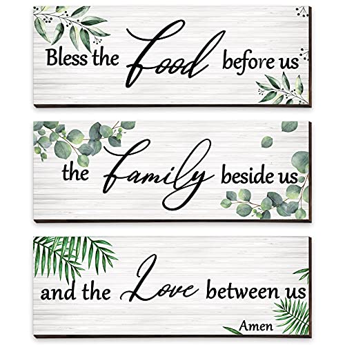 Maitys 3 Pieces Eucalyptus Greenery Wooden Wall Sign Bless Family Food Love Plaque Botanical Leaf Wall Art Green Leaves Rustic Porch Decor Farmhouse Hanging Plaque for Home Kitchen Decor