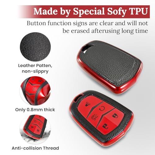 Image of Key Fob Cover for Cadillac, Leather-Style Keychain Tab, Red