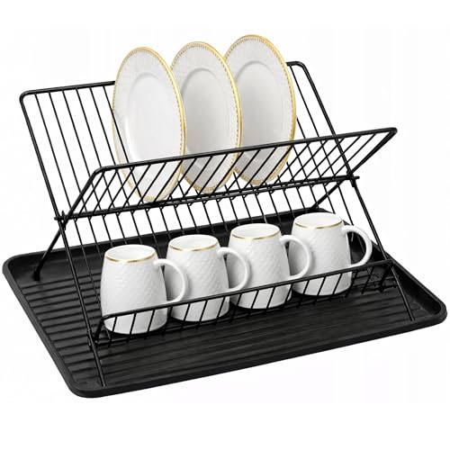 PECZEKO Geschirrabtropfer Schwarz – Abtropfgestell, 2-Stufiges Geschirrabtropfgestell mit Abtropfschale, Geschirrtrockner für Küche, 43 × 32 × 25,5 cm