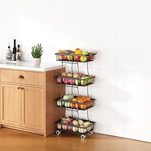 Wisdom Star 4 Tier Fruit Vegetable Basket for Kitchen, Storage Cart, Vegetable Basket Bins, Wire Storage Organizer Utility Cart with Wheels, Medium, Black Wisdom Star 4 Tier Fruit Vegetable Basket for Kitchen Storage Cart Vegetable Basket Bins Wire Storage Organizer Utility Cart with Wheels Medium Black