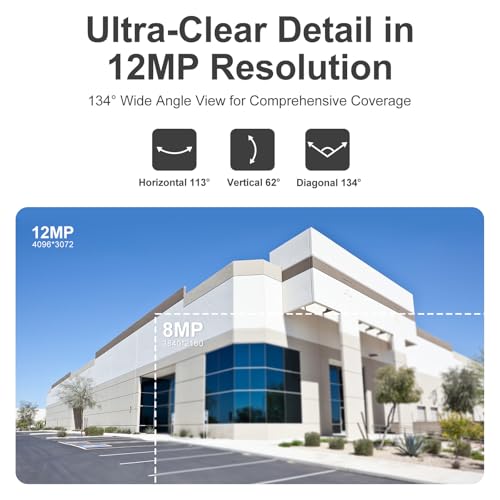 Anpviz 12MP PoE IP Camera Outdoor, 4096x3072@10fps, 134° Wide Angle(4:3), Color Night Vision, Human Vehicle Detection, Turret Metal Wired Security Camera with Audio, 2.8mm Lens, IP67, IPC-D3012WD-SL