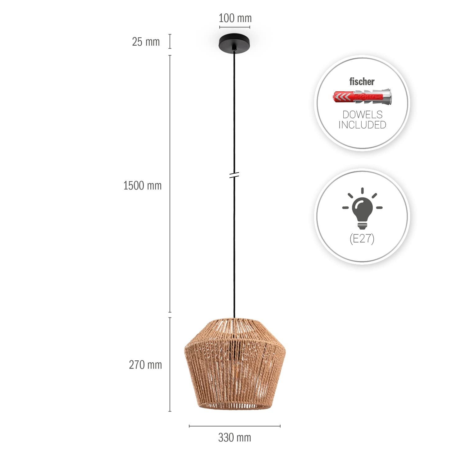 Paco Home Hängelampe Bambus Wohnzimmer Pendelleuchte Rattan Esstisch Esszimmer Lampe E27 Hängeleuchte Papier Boho, Farbe:Natur (Ø33cm), Leuchtenart/Farbe:Pendelleuchte - Schwarz