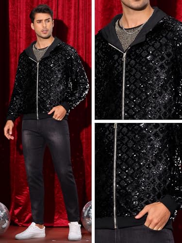 Image of Lars Amadeus Argyle Sequins Jackets for Men's Long Sleeves Metallic Shiny Hooded Disco Jacket