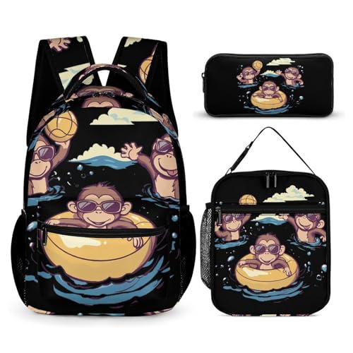 Monkey Swimming Ring Backpack Shoulder Bags Lunch Bag Pencil Case Box 3 Set Daypack Cute