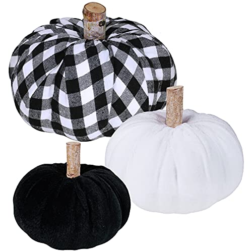 Lot de 3 citrouilles artificielles en mousse pour décoration de maison de campagne rustique - En velours - Noir et blanc - Pour l'automne et Halloween - Décoration de table de cheminée ou de cuisine Cover