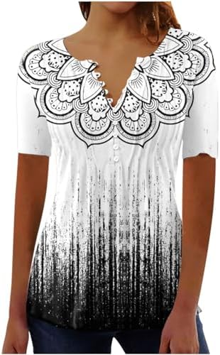 SHAOBGE Summer Tops for Women 2025 Trendy Boho Floral Print Tunic Shirt Short Sleeve Button v Neck Tshirt Casual Loose Blouse SHAOBGE Summer Tops for Women 2025 Trendy Boho Floral Print Tunic Shirt Short Sleeve Button v Neck Tshirt Casual Loose Blouse