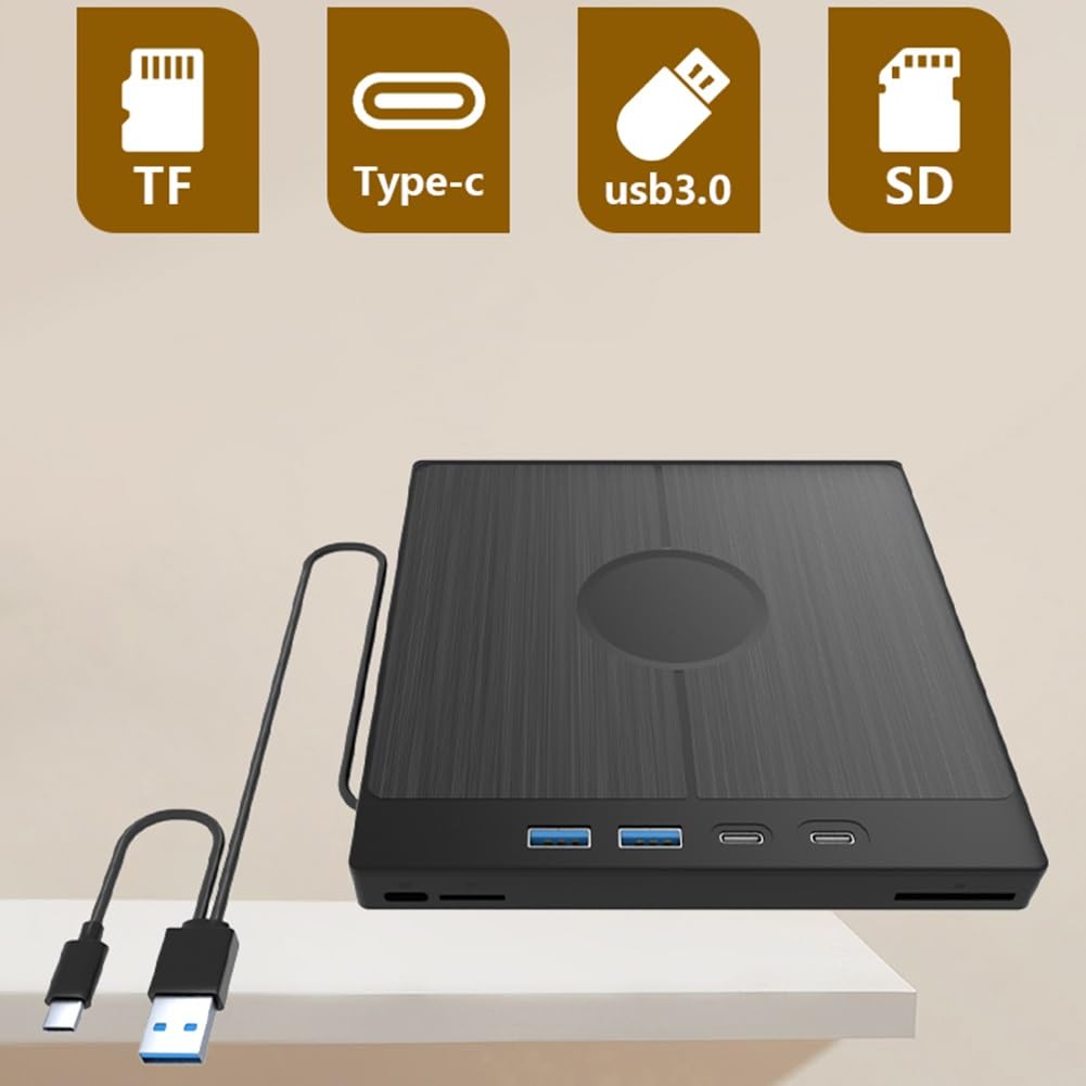 Przenośny odtwarzacz DVD, Zewnętrzny napęd CD/DVD 7 w 1 Odtwarzacz DVD USB 3.0 z 2 portami USB/Type-C