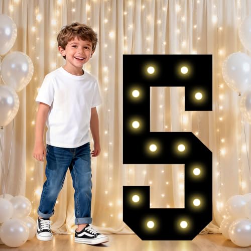 Image of Pooqla 5th Birthday Decorations for Boys, 2.4FT Light Up Numbers | Marquee Numbers Black Party Decorations, Large Lighted Number Gifts for Boys 15th 50th Anniversary Decoration Party Backdrop