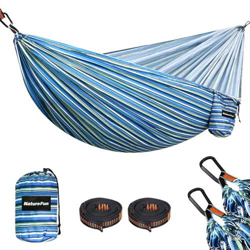 NATUREFUN Hamaca Ultraligera para Camping (275x140 cm) | 300 kg de Capacidad de Carga | Transpirable y de Secado rápido Hamaca | 2 Hierro Mosquetones, 2 Eslingas Incluidas | Interior Exterior Jardín