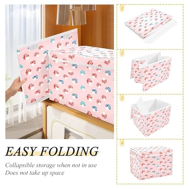 Mushroom Storage Bins with Lids Decorative Fabric Storage Boxes with Handles Closet Organizer Foldable Toy Basket Baby Basket for Nursery Bedroom Office