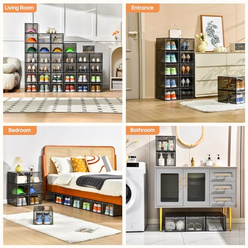 Image of Clemate Upgraded X-Large Shoe Storage Box,12 Pack,Shoe Box Clear Plastic Stackable,Drop Front Shoe Box with Clear Door,Shoe Organizer Containers For Sneaker Display,Fit up to US Size12, Ashy