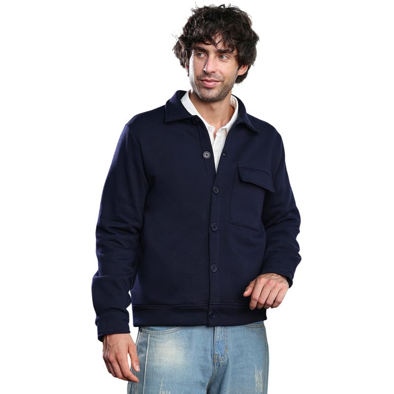 cahoot Men Jacket | Point Collar, Long Button-Cuff Sleeves | Button, Ribbed-Straight Hem | Solid Plain | Knitted Fabric for Casual & | Navy Blue-picture-26