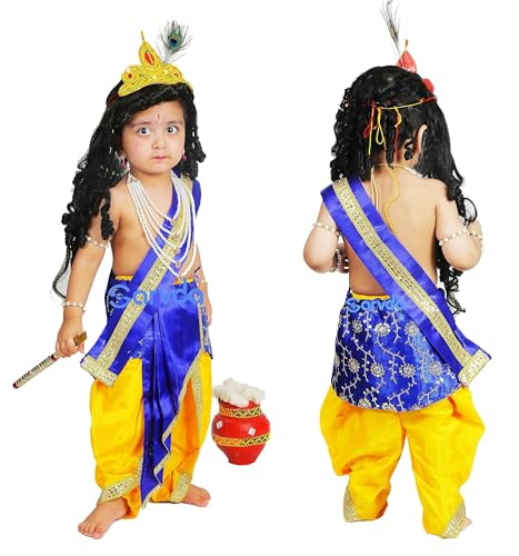 Image of Sarvda Krishna & Radha Dress for Kids - Complete Janmashtami Costume Sets with Dhoti /Lehenga, Mukut, Mor Pankh, Bansuri & Accessories | Fancy Dress for Baby Boys & Girls