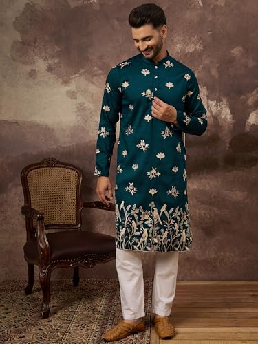 Image of Men's Calf Length Silk Blend Embroidered Solid Kurtas | Men | Kurtas for Mens | Straight Fit Kurta for Men's