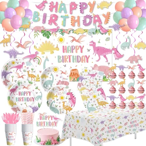 HOAKWA Dinosaur Birthday Decorations Girls Pink Dinosaur Party Supplies for Birthday Baby Shower Plate Cup Napkin Cutlery Tablecloth Swirl Banner Cake Topper Dino Backdrop Balloon Serve 24