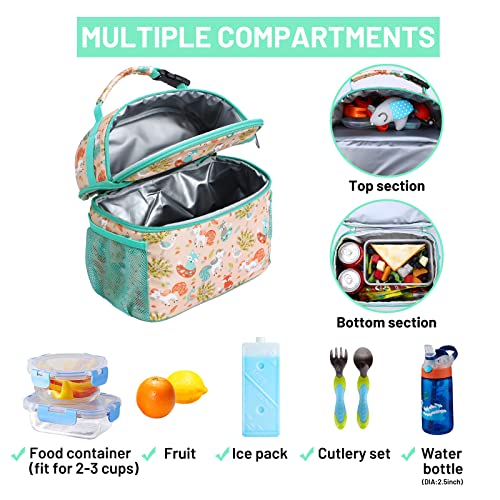 Mier Kids Lunch Bag For Boys Girls Insulated Toddlers Lunch Box Bags Kid Lunch Cooler Tote For School Picnic Travel Outdoor, Dual Compartments, Orange/Green-Unicorn/Fox #TOP1