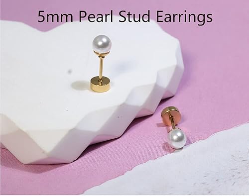 Miniatura 2 de Aretes de perlas con cierre de rosca, parte trasera plana, cartílago de perla, hélix, aretes de acero quirúrgico 316L, joyería de piercing para