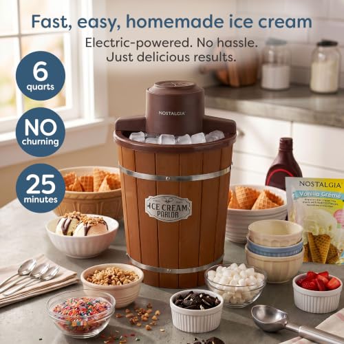 Image of Nostalgia Electric Ice Cream Maker With 6 Qt Capacity - Old Fashioned Ice Cream Machine Makes Frozen Yogurt or Gelato in Minutes- Vintage Wooden Style Ice Cream Maker with Aluminum Canister- Dark Wood
