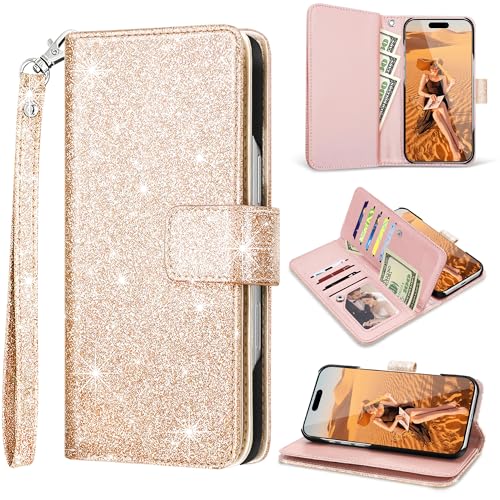 Coque à paillettes iPhone 16 Pro avec porte-carte et dragonne pour vos sorties