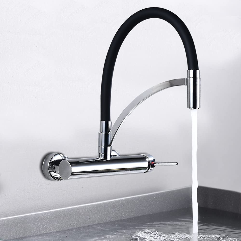Rubinetto da cucina a parete a 180°, flessibile, estraibile, per lavello da cucina, rubinetto, miscelatore monocomando nero, ottone cromato