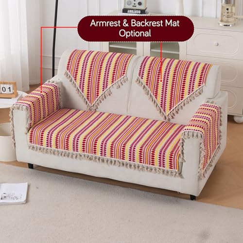 Image of HOKIPO 'Artisan Boho Series' Sofa Cover Mat with Tassel for 2 Seater Sofa | 450 GSM Thick Cotton Acrylic Jacquard Fabric, Ruby Red (IN-902-A6*S)