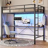 DICTAC Loft Bed Twin Size with Desk and Charging Station Twin Metal Loft Bed with Led Lights Twin Metal Bed Frame with Safety Guard & Ladder, Space-Saving,No Noise,No Box Spring Needed, Black