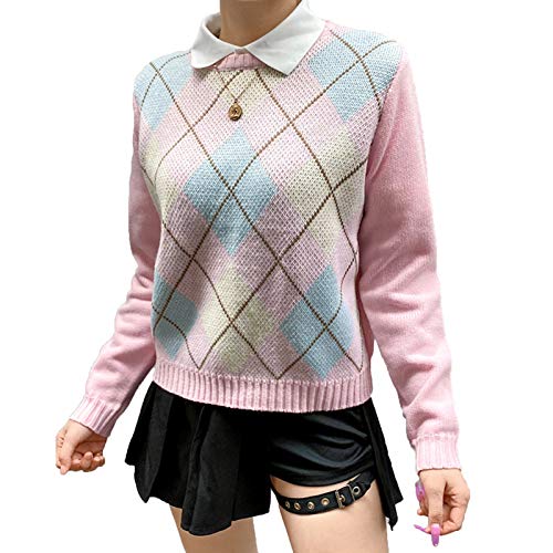 Women Casual Long Sleeve Knitted Sweaters Streetwear Oversized Chunky Pullover Argyle Plaid Knit Jumper Tops