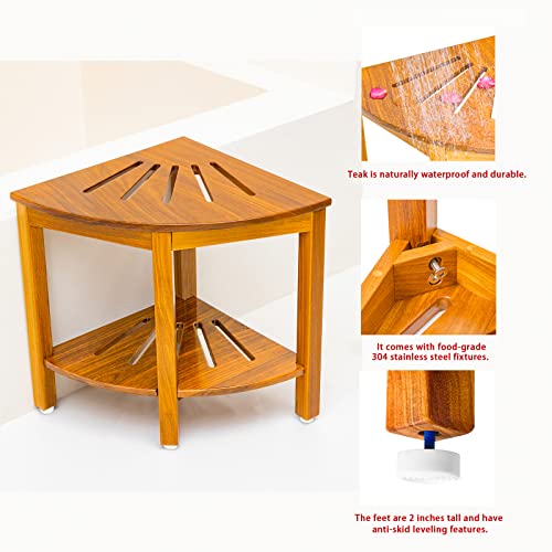 Nnn 18" Corner Teak Shower Bench With Shelf/Teak Shower Stool For Inside Shower/Waterproof Bathroom Bench Seat/Wooden Shower Seat Spa Stool, For Inside Or Outdoor Use. #TOP2
