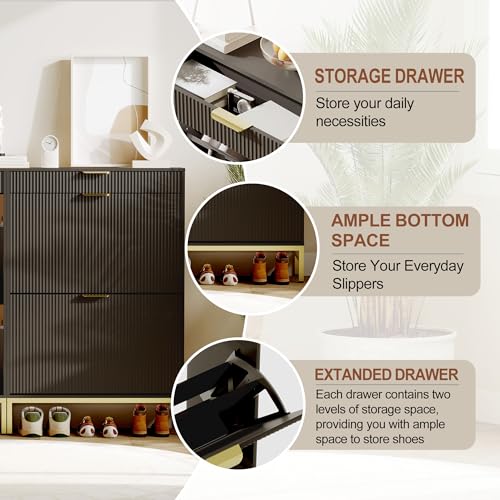 GarveeHome Wave Design Shoe Cabinet with 2 Flip Drawers, a Drawer, Fluted Shoe Cabinet, Modern Narrow Shoe Storage, Wooden Shoe Organizer with Large Capacity, Hidden Shoe Racks for Entryway, Black
