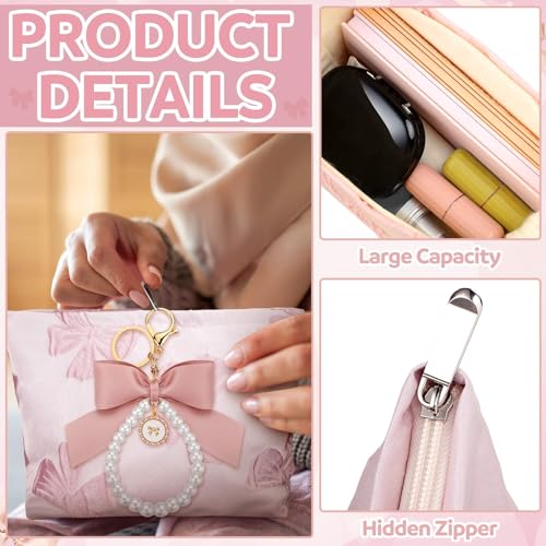 Reginary 2 Pcs Coquette Pink Makeup Bag Pearl Bow Wristlet Keychain Set Canvas Preppy Cosmetic Bag Aesthetic Cute Zipper Pouch Travel Toiletry Bag Coquette Gift Accessories for Women(Bow)3