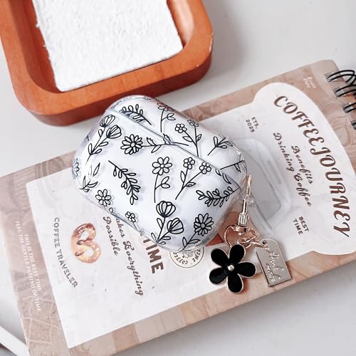 Image of MINSCOSE Compatible with AirPods Pro 3rd Generation Case (2025) with Cleaner Kit,Cute Flower Floral Aesthetic Design with Flowers Keychain for Girls Women for Airpods Pro 3-Black