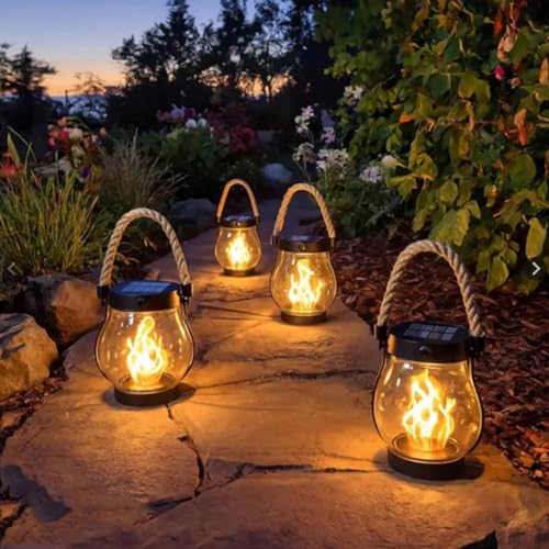 Kaliqo Solar Lantern Outdoor Lights, 2025 New Kaliqo Camp Lamp Solar Flame Lanterns, Hemp Rope Hanging Outdoor Waterproof Solars Light with Dancing Flame for Garden & Yard (Type-A, 4pcs)