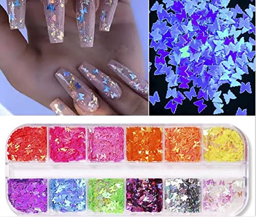 Flowornament Glitter For Nails, Chrome Nail Powder ,Nail Art Glitter Butterfly Fluorescent Glass Paper Nail Sticker Holographic Nail #TOP2
