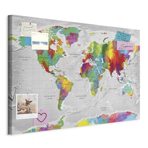murando - Tableau à Épingles et Peinture sur Toile Combinés 90x60 cm - Avec Crochets Clous et Punaises Argentées - Panneau en Fibres pour Notes et Affichage - Carte du monde k-A-0128-v-a