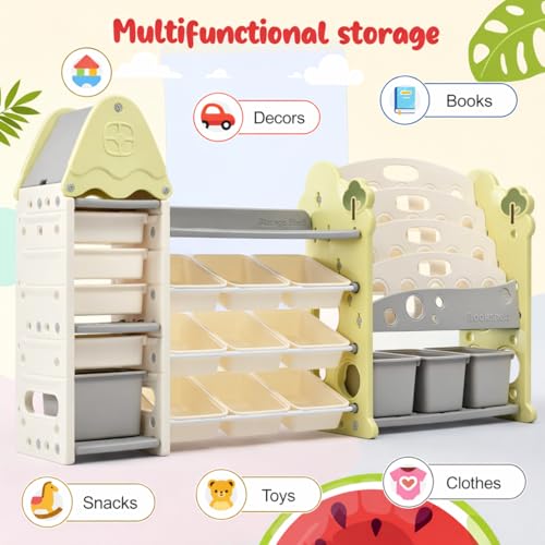 Image of Kids Toy Organizer with Bookshelf for Home 3 in 1 Storage Rack for Toddler Playroom Organizer Montessori Book Shelf Kids Toys Organiser for Space Saving Storage Bins for Children-Green