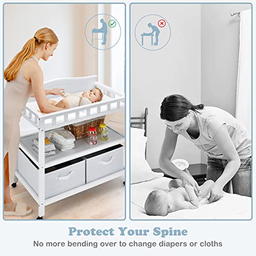 Infans Baby Changing Table, Wood Diaper Dresser Station With Pad 2 Storage Drawers Baskets Shelves 4 Lockable Wheels And Safety Belt, Nursery Organizer Stand For Newborn Infant #TOP4