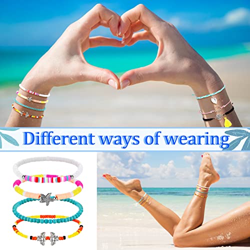 Image of Hicarer 21 PC Surfer Wave Friendship Bracelet Set Waterproof Adjustable Boho Beach String Anklets Bulk, Summer Gift for Women