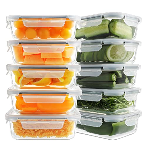 10 Pack Glass Meal Prep Containers, Food Storage Containers with Lids, Airtight Lunch Bento Boxes, BPA-Free & Leak Proof (10 lids & 10 Containers) – Grey