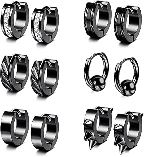 MILACOLATO Mens Black Earrings Set, Stainless Steel Huggie Hoop Earrings, Inlaid CZ Small Hoop Hinged Earrings Gothic Punk Cool Ear Piercings Jewellery For Men Women Boys