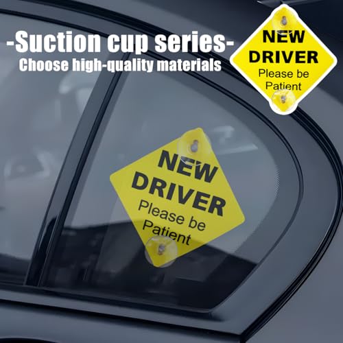 Image of 2PCS New Driver Car Sign, 5 x 5 Inch Please Be Patient Vehicle Window Sign Stickers with Suction Cups, Safety Warning Automotive Decal for Beginners Driving Learner, Universal Fit (Style 2)