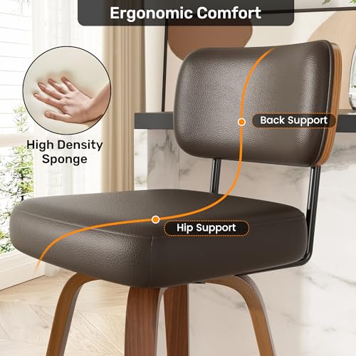 Image of Swivel Bar Stools Set of 2, 26 inch Upholstered Faux Leather Counter Height Barstools with Walnut Back & Bentwood Legs, Mid Century Modern Bar Chairs Island Stools for Kitchen Counter, Coffee