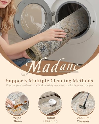 Madane Washable Area Rug 2x3, Small Entryway Rug Non-Slip Vintage Door Mat Indoor Entrance, Low Pile Floor Carpet for Inside Front Door Bedroom Kitchen Entry Laundry (2'x3', Pink/Gray)