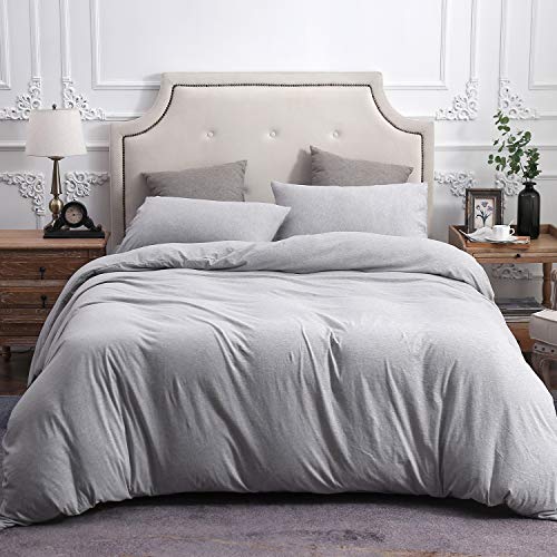 Pure Era Jersey Knit Duvet Cover Set 100% T-Shirt Cotton Super Soft Comfy 3Pc Bedding Set With Zipper Closure (Heather Grey, Queen) #TOP5