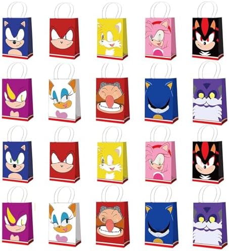 Treayes 20pcs Birthday Decorations Paper Gift Bag,Cute Double Side Paper Goodie Bags with Handle, H-edgeh0g Styles Party Favor Paper Candy(Gift Bag) image 2
