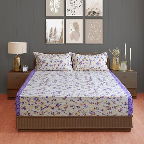 Image of Swayam Pure Cotton King Fitted Bedsheet with 2 Pillow Covers | Size 72 x 78 x 10 inch | 160 TC | Floral Design | Soft Breathable Bed Sheet | Comfortable & Durable for Bedroom - Cream & Purple