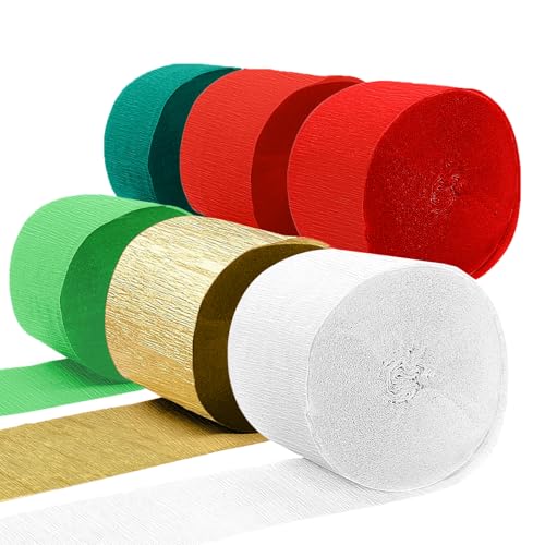 Image of Crepe Paper Streamers 6 Rolls 492ft, Crepe Paper Christmas Decorations Red Green White Gold Party Streamers for DIY Gift Wrapping Birthday Party Decor, 1.77 Inch x 82 Ft /Roll