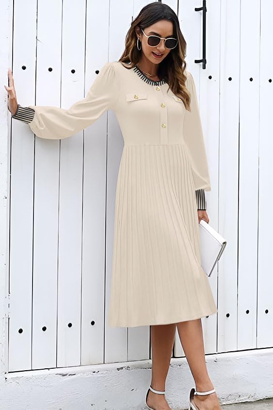 ETCYY Women's Casual Long Sleeve Midi Dress 2025 Striped Fall Sweater Work Button Pleated A Line Ribbed Knit Dresses - Image 4