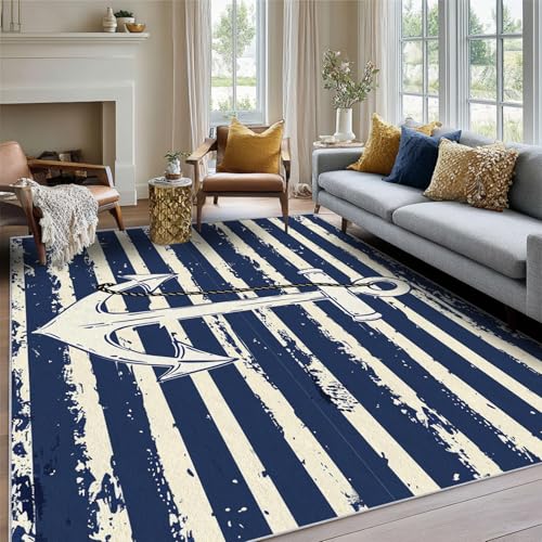 Nautical Anchor Rug 8 x 10 ft, Washable Blue and