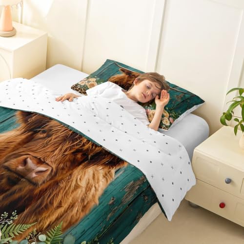 Image of Feelyou Highland Cow Bedding Set Leopard Floral Comforter Set for Kids Boys Girls Brown Safari Cheetah Animal Skin Comforter Teal Blue Wooden Decor Quilt Set Room Decor 3Pcs Full Size